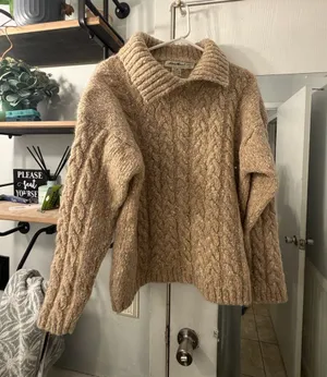 Eddie Bauer 100% Wool Cozy Cable Knit Collared Sweater - Beige thumbnail 1
