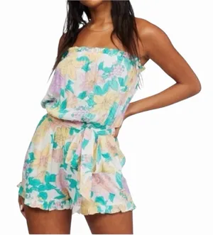 Billabong Womens Sz S Floral Romper Pockets Lightweight Ruffles Strapless Vaca thumbnail 1
