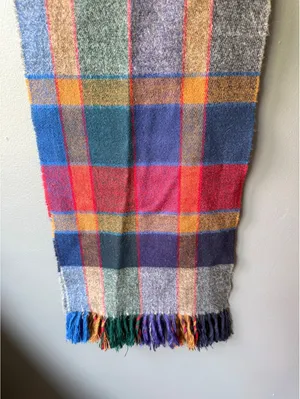 Colorful Plaid Wool Blend Scarf with Fringe thumbnail 3