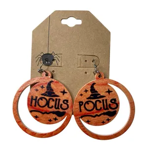 Halloween Orange "Hocus Pocus" Wood Earrings 3 1/4" Brand New Witches Spooky thumbnail 1