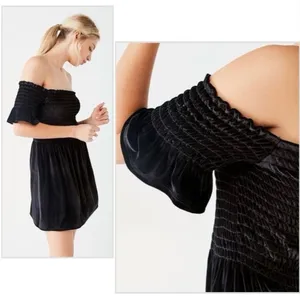 Urban Outfitters Clara Off-The-Shoulder Smocked Velvet Dress in Black thumbnail 6