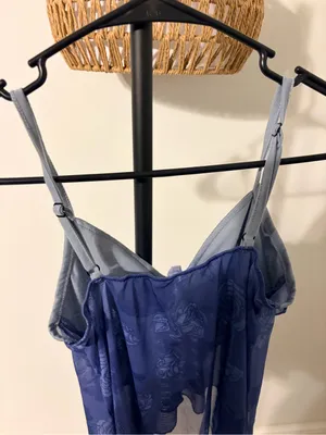 ROMWE Sheer Floral Lace Chemise in Deep Blue with Light Blue Straps thumbnail 5