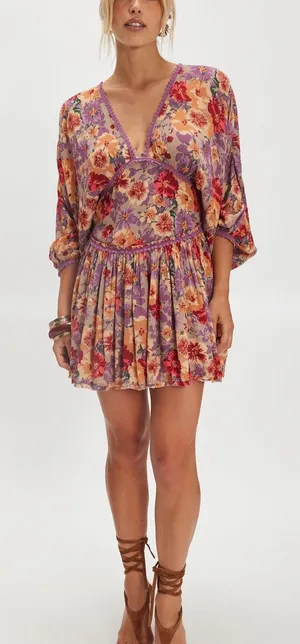 Free People Floral V-Neck Mini Dress in Lavender & Peach thumbnail 1