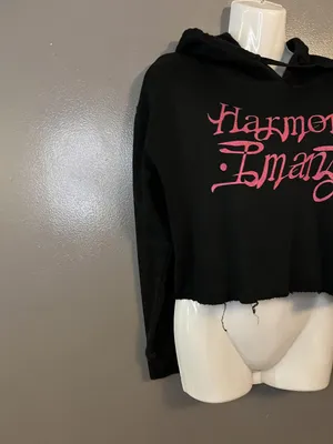 Harmony Emani Hoodie Womens Small Black Cropped Distressed Streetwear Graphic thumbnail 3