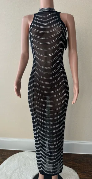 Brand New! Special Occasion Women’s Black Rhinestone Embellished Mesh Dress – Size Small thumbnail 1