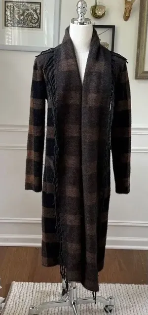 Lysse Alice Fringe Cardigan Sweater Coat Brown Black Buffalo Check $198 XXS XS S thumbnail 1
