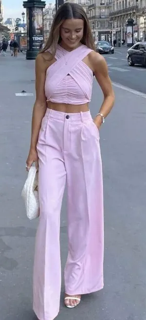 ZARA NWT Pink High-waisted WIDE LEG MENSWEAR STYLE PANTS. thumbnail 1