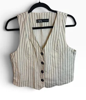 Zara Cream and Navy Pinstripe Cotton Vest thumbnail 1