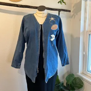 Vintage Denim Cotton Zip Up Sports Football Embroidered Jean Shirt Size Large thumbnail 2