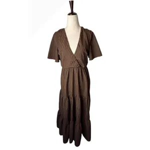 Showpo Cryzel Midi Dress Women 4 Brown Flutter Sleeve Tiered Boho Minimalist thumbnail 2