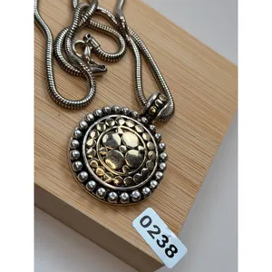 Vintage-Style Gold & Silver-Tone Pendant Necklace With Round Textured Medallion thumbnail 4