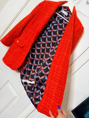 Zara Orange Bouclé Tweed Blazer Gold Button Preppy Quiet Luxury Old Money Size L thumbnail 7