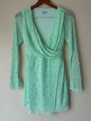 Oh Polly Mint Green Embellished Wrap Over Mini Dress US Size 4 thumbnail 1