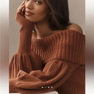 ANTHROPOLOGIE The Tessa Off The Shoulder Puff Sleeve Sweater Mauve NEW thumbnail 9