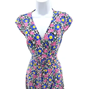 J.Crew Women XXSP Floral Wrap Midi Dress Cap Sleeve Blue Pink Yellow‎ New L4210 thumbnail 3