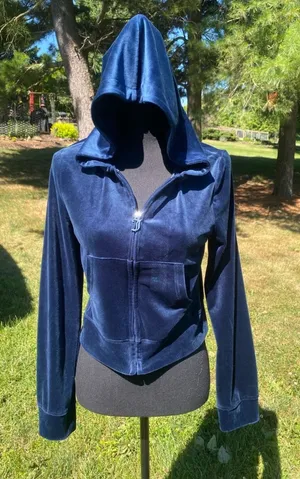 Juicy Couture Navy Blue Velour Zip-Up Hoodie Cropped Y2K Loungewear thumbnail 1