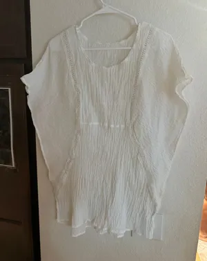 White Gauze Swim Coverup Boho Crochet Lace Trim Dolman Sleeve Top‎ thumbnail 1
