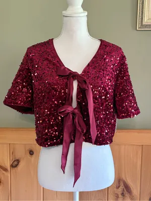 CeCe Cropped Velvet Sequin Short Sleeve Bow Front Top size Medium NWT thumbnail 1
