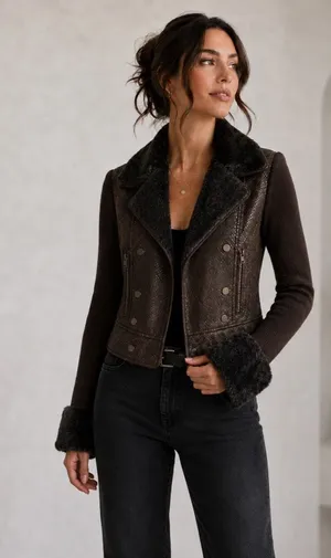 Cache Brown Faux Fur Trim Moto Jacket Size S Wool Blend Rib Knit Snakeskin Textu thumbnail 1