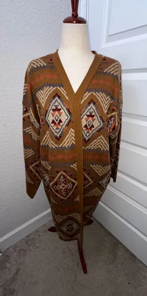 Savanna Jane Geometric Aztec Print Long Open Front Cardigan Sweater Size 2X thumbnail 1