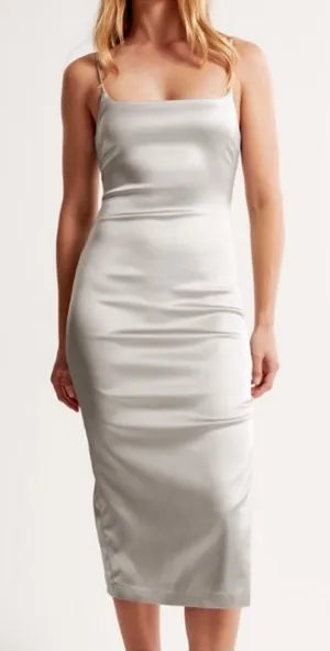 NEW Abercrombie Formal Satin Stretch Column Midi Dress in Silver - Size XL Tall thumbnail 1
