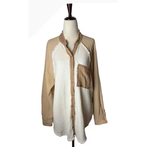 Aerie Gauzy Coverup Shirt Women‎ XS Tan Ivory Colorblock Cotton Oversized thumbnail 2