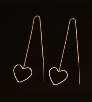NEW Pair of long tassel drop heart earrings, thread earrings, minimalist gold dangle earrings, stocking stuffer thumbnail 2