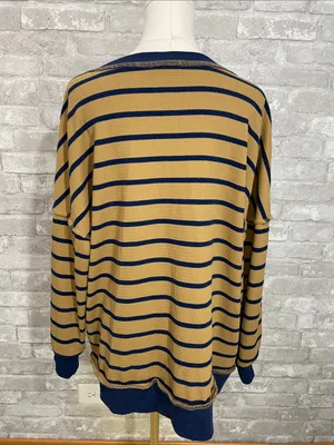 Fashion Striped Crewneck Henley Top in Tan & Navy thumbnail 3