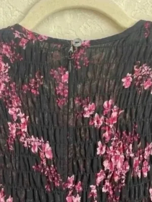 Misa Los Angeles Black Floral Long Sleeve Smocked Mini Dress with Pink Blossoms thumbnail 3