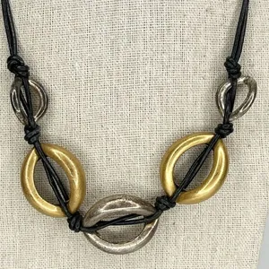 Chico's Gold and Silver Tone Double Strand Black Cord Necklace thumbnail 2