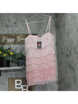 NWT Aqua X Salvatore Rizza Womens Tiered Ombre Fringe Lined Mini Dress Pink S thumbnail 2