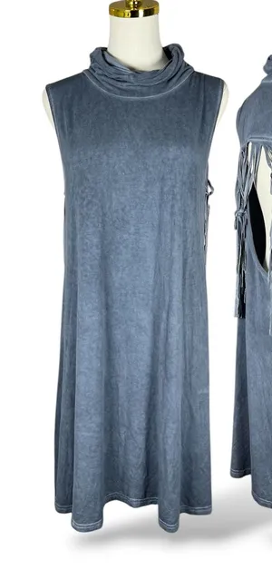 POL Womens Blue Mineral Wash Cowl Neck Fringe Open Back Sleeveless Mini Dress L thumbnail 1