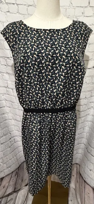 LOFT Black/green/cream Leaf Floral Print Grosgrain Waist Dress Size Large thumbnail 1
