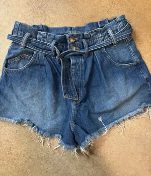 We The Free Blue Paperbag Waist Denim Shorts with Self-Tie Belt thumbnail 1