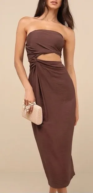 Lulus Sheath Dress Women's Large Brown Cutout Zip Back Slit Spaghetti Strap thumbnail 1