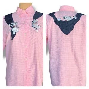 Vintage‎ 80s Embroidered Shirt Pink GinghamTop Plaid Button Up Dalmatian Puppy thumbnail 2