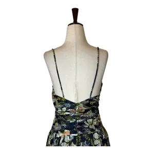 Tanya Taylor‎ Dress Women 00 Black Floral Print Linen Silk Ruched Lovette Maxi thumbnail 6