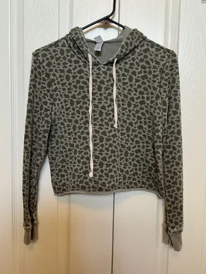 Athleta Cropped Olive Green Leopard-Print Hoodie thumbnail 1