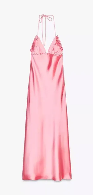 Zara Maxi dress Pink Satin ruffle bodycon party wedding summer evening thumbnail 10