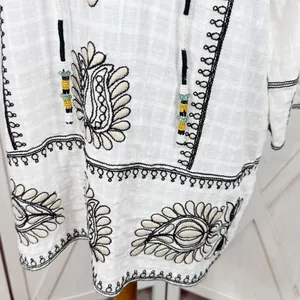 Zara Boho Embroidered Textured Cotton Tunic Shift Mini Dress White Tan Black XS‎ thumbnail 8