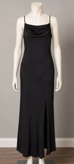 Fashion Black Cowl Neck Maxi Dress Satin Finish Side Slit Spaghetti Strap New‎ M thumbnail 1