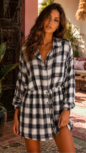 Vintage Havana Plaid‎ Button Down Shirt Dress Navy White Distressed Medium thumbnail 1