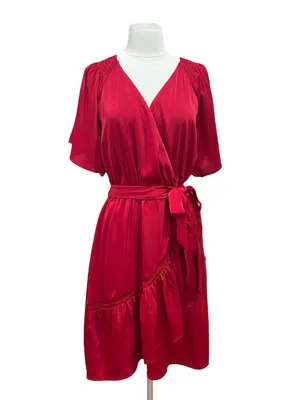 Maurices Deep Red Semi Satin Faux Wrap Ruffle Midi Dress Size Medium thumbnail 3