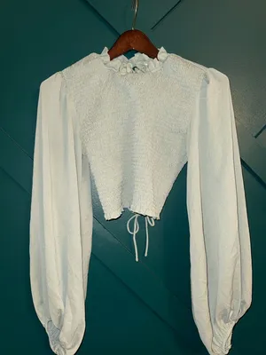 Petal & Pup White Smocked Ruffle-Neck Crop Top with Bishop Sleeves thumbnail 2