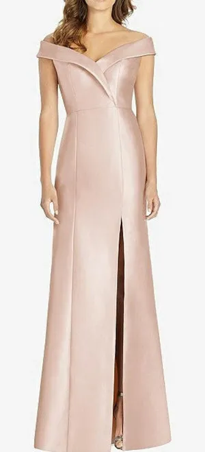NWT Dessy OFF-THE-SHOULDER CUFF‎ TRUMPET GOWN WITH FRONT SLIT CAMEO Size 12 R thumbnail 1