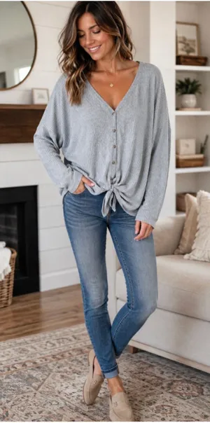 Women's Out From Under Grey Long Sleeve Tie Front Waffle Knit Top Size XL thumbnail 1