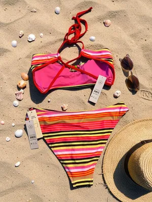 No Boundaries Multi-Color Striped Beaded Keyhole Bikini Top and Cheeky High Leg thumbnail 2
