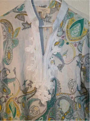 Charter Club 100% Linen Embroidered Tunic Blouse Paisley White Blue Size M W-172 thumbnail 5