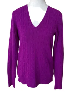 POLO RALPH LAUREN Purple V Neck Cashmere Cable‎ Knit Sweater Size Medium thumbnail 1