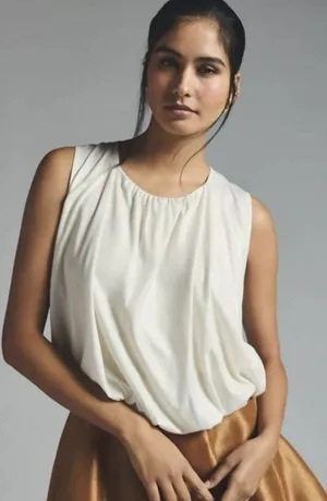By Anthropologie Ivory White Shimmer Bubble Top Shirt SZ L Party Date Office EUC thumbnail 1
